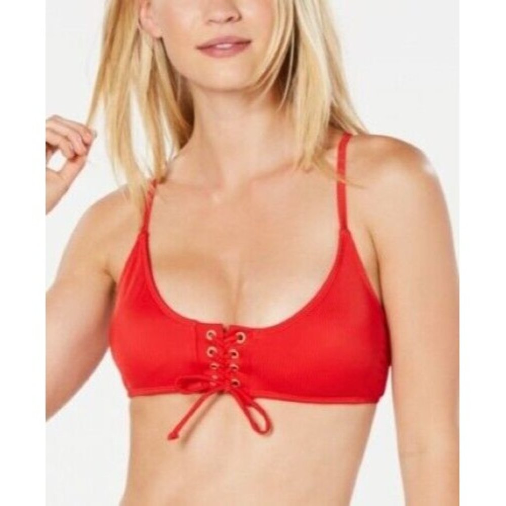 California Waves - Junior's Solid Ribbed Cross-Back Bikini Top, Red, Medium, NWT